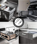 Fully Extended Ball Bearing Drawer Slides Heavy Duty Cabinet Tracks Smooth Operator Top Shelf Furniture Hardware Silver Finish 28 Inch Slide Rail One Pair in different cabinet setups.