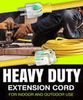 Beefy Ten Three Gauge Outdoor Indoor Extension Cord 3 Prong SJTW Waterproof Flexible Cold Resistant Long Power Cord 15A 125V 1875W Yellow For Home Workshop Job Site Heavy Duty coiled beside worker