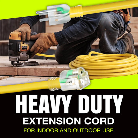 Beefy Ten Three Gauge Outdoor Indoor Extension Cord 3 Prong SJTW Waterproof Flexible Cold Resistant Long Power Cord 15A 125V 1875W Yellow For Home Workshop Job Site Heavy Duty coiled beside worker