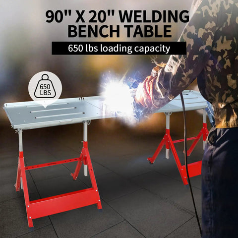 Heavy Duty Steel Welding Workbench Rig With Adjustable Height And Angle Foldable Shop Station showing 90x20 inch table with welding in action.