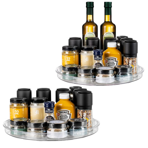Large 13 Inch Lazy Susan Cabinet Organizer Two Pack Non Slip Clear Turntable Storage Tray holding condiments and bottles