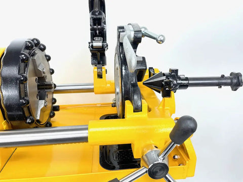 Bluerock Power PTM50-C Electric Motorized Pipe Threader Threading Machine showing threading head and controls for pipe sizes 12 inch to 2 inches.