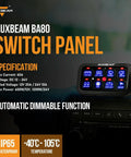 8 Gang Switch Panel With Auto Dimmable LED Touch Control installed in vehicle dashboard showcasing features and specifications