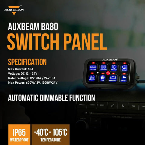 8 Gang Switch Panel With Auto Dimmable LED Touch Control installed in vehicle dashboard showcasing features and specifications
