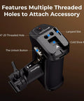 Rotating Side Handle With REC Trigger For Alpha Mirrorless Cameras showing threaded holes, lanyard slot, and unlock button.