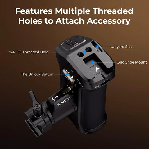 Rotating Side Handle With REC Trigger For Alpha Mirrorless Cameras showing threaded holes, lanyard slot, and unlock button.