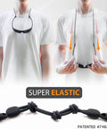 Person wearing glasses with strap holder no tail showing adjustable lanyard for wide and narrow temples, super elastic design.