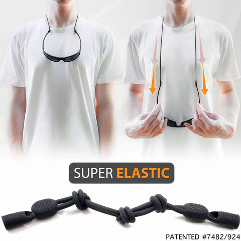Person wearing glasses with strap holder no tail showing adjustable lanyard for wide and narrow temples, super elastic design.
