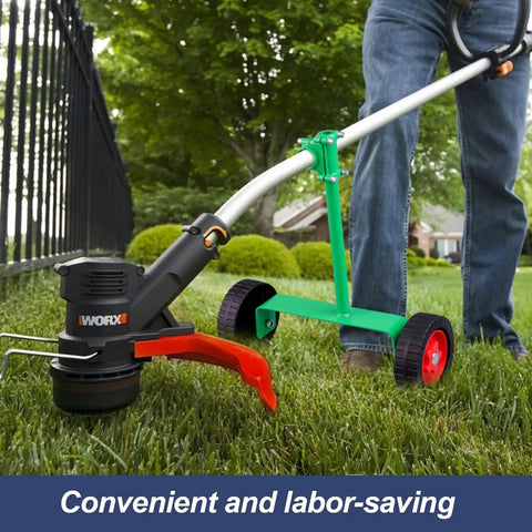 Adjustable String Trimmer Support Wheel Attachment For 26mm And 28mm Poles used with a WORX trimmer on grass.