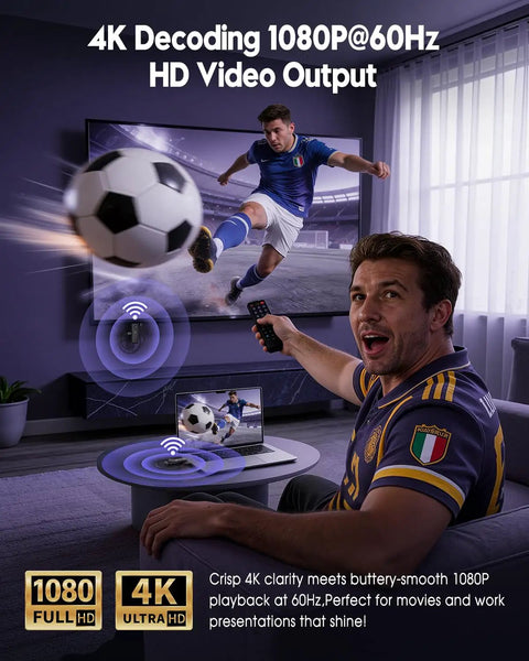 Man enjoying soccer game with Wireless HDMI Transmitter And Receiver Set 4K Decode And 1080p At 60Hz Output True No-Fuss