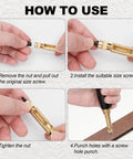Slick Adjustable Leather Hole Punch Tool Kit With Six Sweet Interchangeable Bits For Knockout Precision In DIY Crafting Sewing And Leatherwork Projects Black instructions showing usage steps with hands and tool.