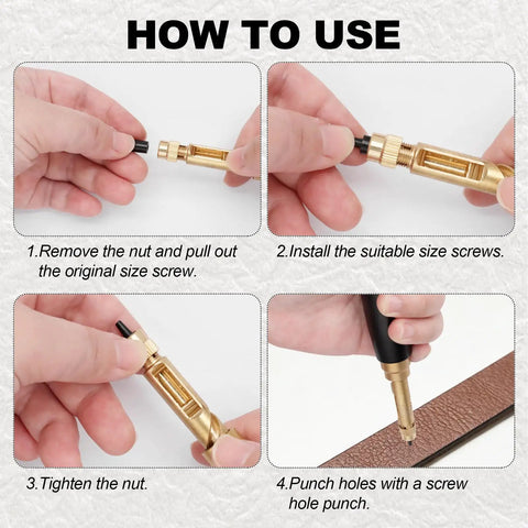 Slick Adjustable Leather Hole Punch Tool Kit With Six Sweet Interchangeable Bits For Knockout Precision In DIY Crafting Sewing And Leatherwork Projects Black instructions showing usage steps with hands and tool.