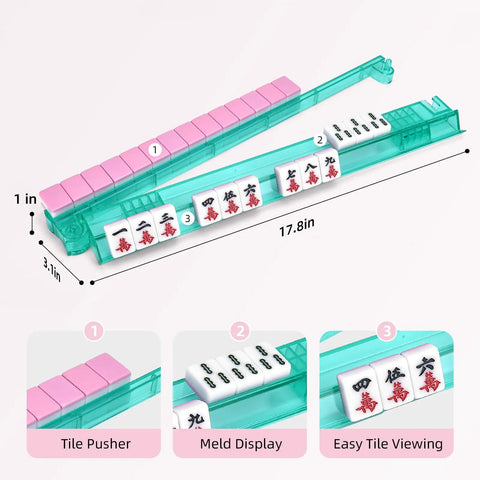 Two In One Non Slip Mahjong Racks With Pushers 4 Pack Clear Acrylic Pink Gift Set with tiles displayed
