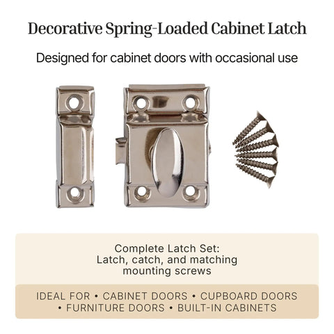 Vintage Spring Loaded Cabinet Door Latch With Nickel Plated Oval Turn Handle Small Stamped Steel Cupboard Catch For Kitchen Drawers Built Tough With Quick Install And Zero Loose Ends