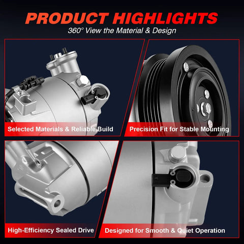 Pro Grade AC Compressor With Clutch And Five Groove Pulley Fits Chevy Equinox 1.5L 2018 2019 2020 showing design details and components.