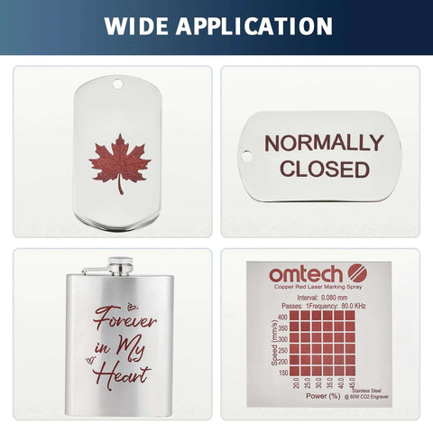 Collage of four items: OMTech copper-red laser marking spray, maple leaf tag, normally closed tag, and engraved heart flask.