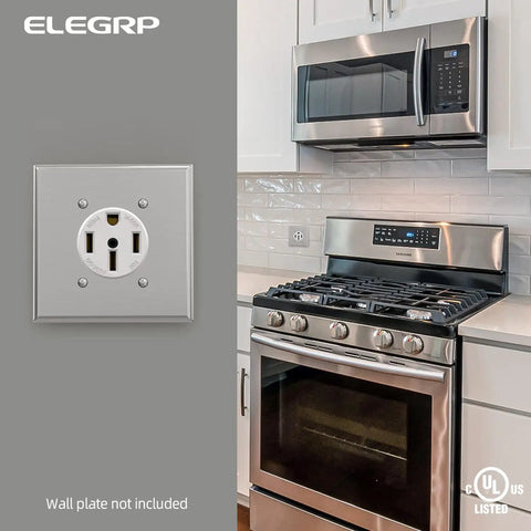Heavy Duty Nema 14 50 Amp Flush Mount Range Outlet Featuring No Sweat Install Brass Contacts Galvanized Bracket And Rock Solid Grounded Socket For Kitchen Ev Setup Ul Listed White in kitchen setting with stove.