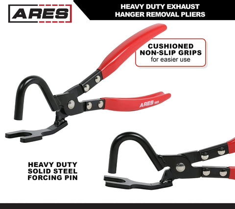 ARES 14020 heavy-duty exhaust hanger removal pliers with red cushioned grips and 25 degree offset