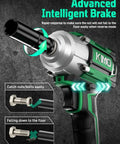 Heavy Duty Cordless Impact Wrench With 1/2 Inch Drive And 20V High Torque Motor showing advanced brake feature for easy nut handling.