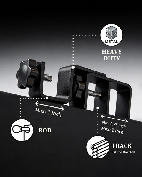 Close-up of black no drill curtain rod bracket for outside mount blinds, showing heavy-duty metal design and adjustable sizes.