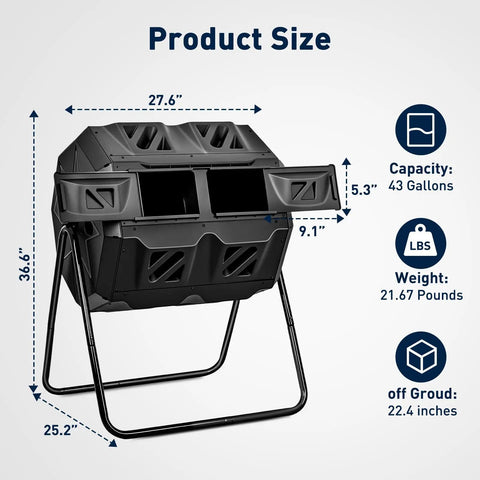 Dual Chamber Compost Bin Outdoor 43 Gallon Rotating Tumbling Composter with sliding doors, measurements displayed.