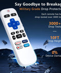 Two Replacement TV Remote Controls For TCL Onn Hisense Sharp Philips Westinghouse Insignia Element TLC Roku Ruko Ruku Roko Smart TVs Pack Of Two showing drop protection features against cracked ground, white remote.