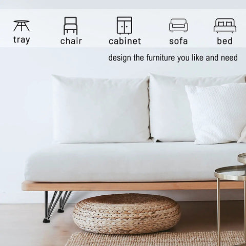 6 Inch 3 Rod Solid Metal Hairpin Furniture Legs Set Of Four In Black Finish Heavy Duty Support Up To 900 Pounds For Coffee Tables Sofas Cabinets Or Nightstands With Rubber Floor Protectors And Easy Install showcased on a modern white sofa.