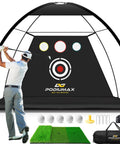 Golfer using Ten By Seven Foot Golf Practice Net With Mat Noise Reducing Target 5 Balls 4 Sandbags Tee And Carry Bag in backyard