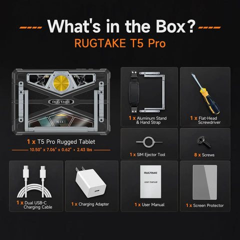 What's in the box for Built Like A Tank 5G Rugged Tablet With Android 16 And Massive 20080Mah Battery featuring accessories.