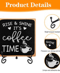 Wooden Coffee Sign Rise And Shine Its Coffee Time Decor with iron stand, black background with white text and cup design