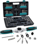 76-Piece SAE and Metric Tap and Die Set With Extendable Ratcheting Handle for Quick, Precise Internal and External Threading Rethreading Tool Kit Bundle