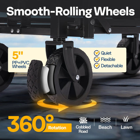 Collapsible Wagon Cart With All-Terrain Wheels, Lightweight Portable Folding Utility Wagon For Groceries, Smooth-rolling wheels close-up