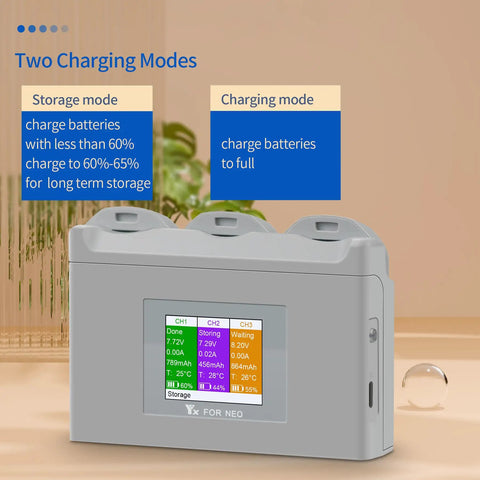 Three Channel Battery Charging Hub For Neo Drone Batteries With LCD Display showing charging modes, heavy duty multi port charger station.