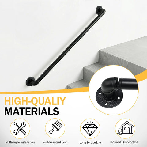 Heavy Duty Four Foot Iron Stair Handrail In Matte Black Finish Rust Resistant Body For Indoor Or Outdoor Staircases With Dead Simple Hardware Setup For Quick Weekend Fixes mounted on wall with multi-angle installation.