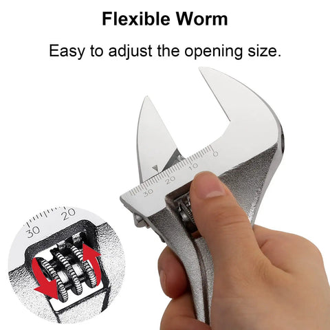 Hand holding 8 Inch Adjustable Wrench With Wide 30mm Opening CRV Steel Construction Metric Scale Built Tough For Home Garage Workshop And DIY Projects