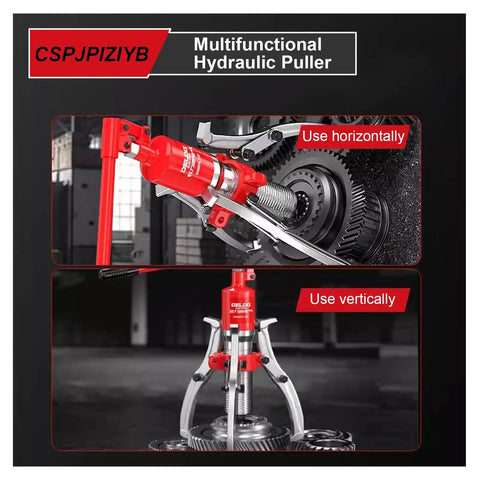 Heavy Duty Hydraulic Gear Puller Bearing Remover For Wheels Axles Parts showcasing horizontal and vertical use in workshop.