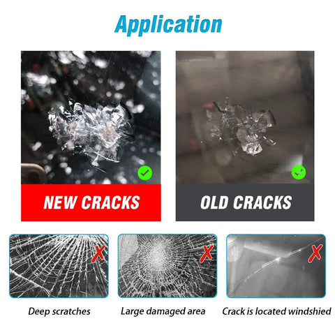 Illustration showing application of Three Pack Windshield Crack Repair Kit For Cars, Nano Glass Repair Fluid For Chips And Scratches