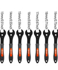 Set of seven ultra slim bicycle cone wrenches with sizes 13-19mm, ideal for tight hub cones and axle nuts adjustments.