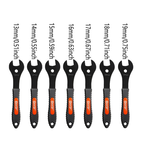 Set of seven ultra slim bicycle cone wrenches with sizes 13-19mm, ideal for tight hub cones and axle nuts adjustments.