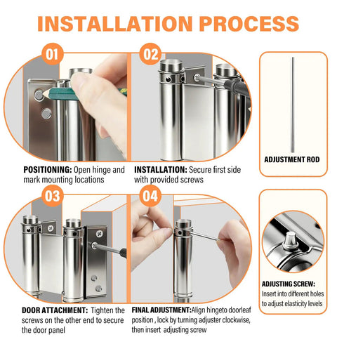 4 Pack 3 Inch Double Action Spring Door Hinges Dual Swing Saloon Hinges With Screws And Pins Heavy Duty Stainless Steel Silver For Cafe Pub Doors Adjustable Tension Self Closing installation steps