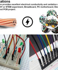 Dope 40 Piece Jumper Wire Kit With Female To Male Dupont Cables 20 Cm Length 8 Inch Multicolor Ribbon Wires For Breadboard Prototyping Assorted Colors Easy To Use Flexible PVC Cables, shown in use on breadboard with LEDs and connectors.