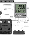 Two Pack Fridge And Freezer Thermometer With Extra Sensor Digital Temperature Alarm Indoor Outdoor Display High And Low Alerts 1.5 Meter Probe Black For Home Kitchen Use, black digital alarm thermometer with back view and magnet