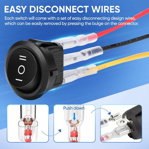 Three Way Round Rocker Switch 12 Volt With On Off On Positions SPDT Circle Toggle For Car Stereo Marine Boat Plug And Play Wiring Kit Wires Included Five Pack Heavy Duty 6A 250V AC And 10A 125V DC, easy disconnect wires