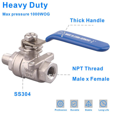Two Pack Full Port Ball Valve One Quarter Inch Male To Female NPT Stainless Steel 304 Built Tough For Water Oil And Gas 1000 WOG