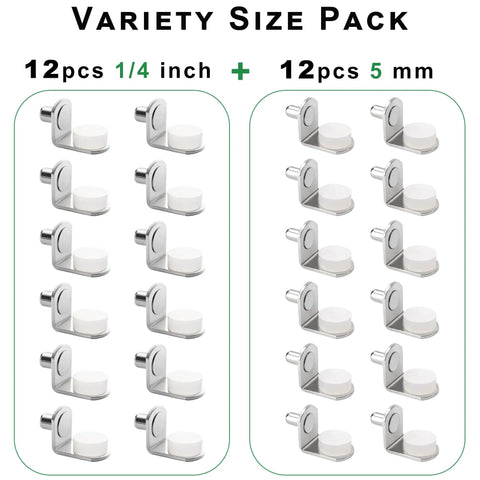 Premium Cabinet Shelf Pegs With Durable Silicone Pads For Wood Glass Metal Adjustable Shelving Hardware Mixed Quarter Inch And Five Millimeter Diameters showing 24 shelf pegs in two sizes.