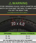 Warning sign with 20x4.0 compatibility chart for Heavy Duty Fat Tire Inner Tube 20x4.0 For E Bikes And Mountain Bikes With Schrader Valve 32mm