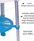 Compact Shower Stool With 360 Degree Rotating Padded Seat Non Slip Bath Bench adjustable leg with storage tray blue