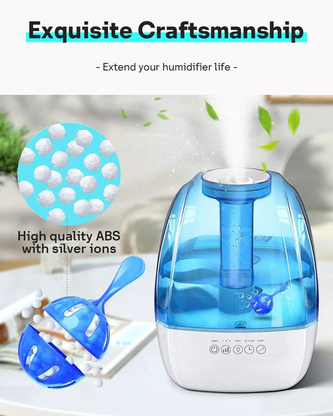 Humidifier Cleaner 12 Pack Demineralization Cleaning Balls inside blue humidifier working in all humidifiers and fish tanks
