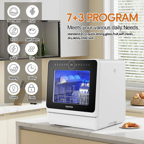 Compact Countertop Dishwasher With Six Place Settings Ten Preprogrammed Cycles And Baby Care Mode Hot Air Drying, displaying functionality icons.