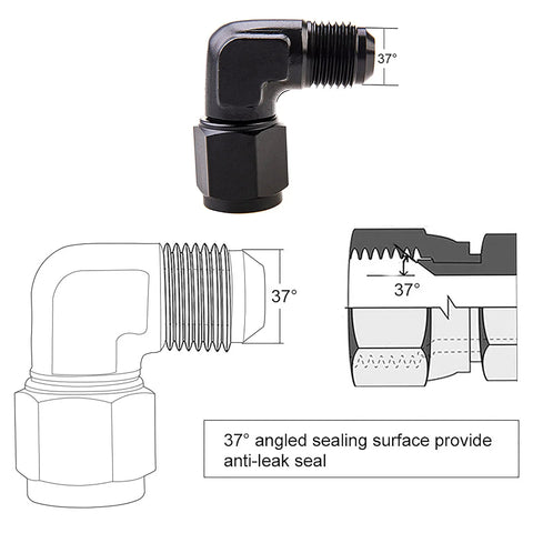 8AN Female To 8AN Male Flare 90 Degree Swivel Hose Fitting Adapter Aluminum Anodized Black AN8 To AN8 Three Quarter Inch UNF Thread 2 Pack For Fuel Oil Gas Water Air Lines, 37° elbow